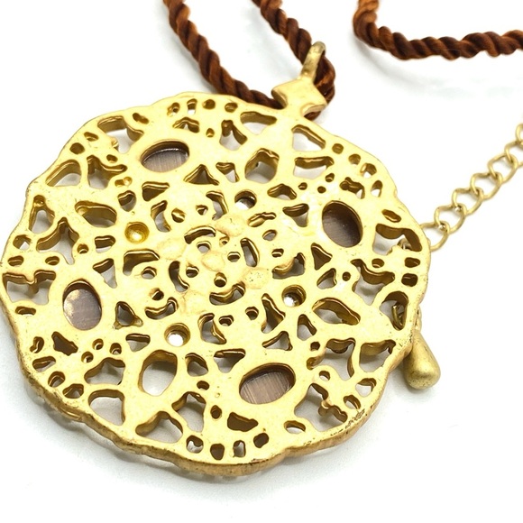 NY Statement Necklace Pendant Sparkly Rhinestone On Brown Silk Cord - Picture 7 of 8